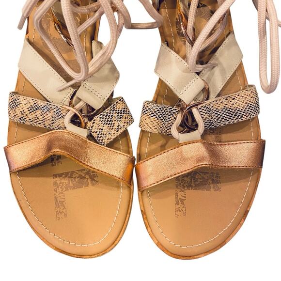 Sorel Cream Rose Gold Faux Snake Print Gladiator Sandals Sz 9 - Picture 1 of 11